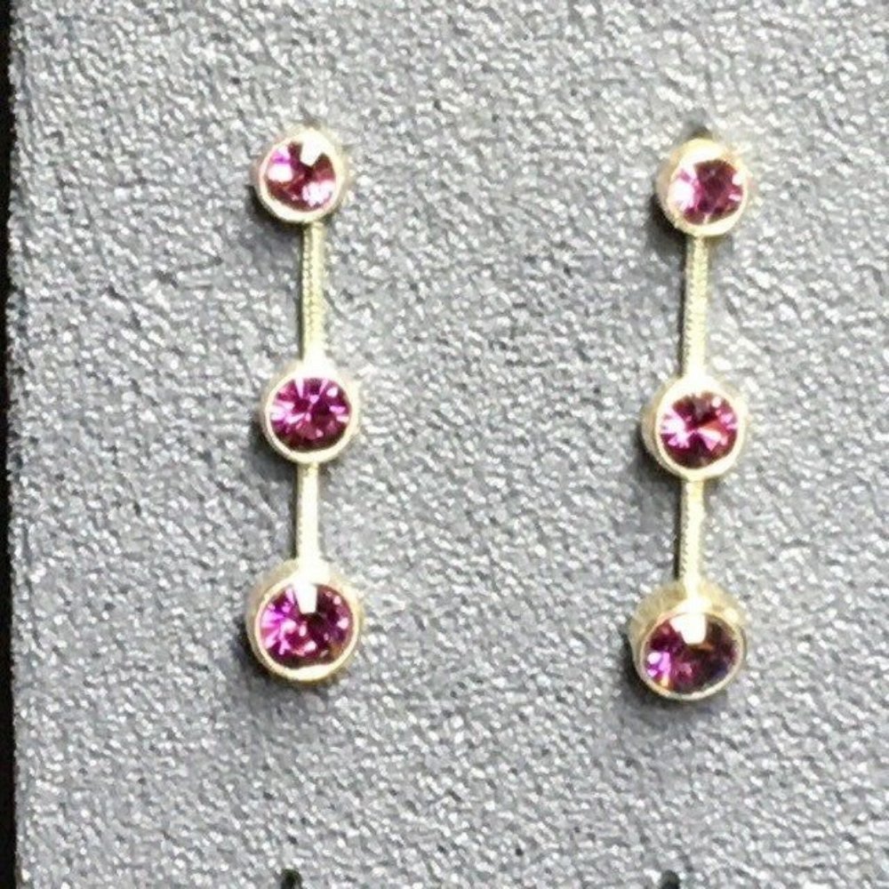 Dangle Pierced Earrings Triple Purple Rhinestone Silver Slinky Retro Bling Glam